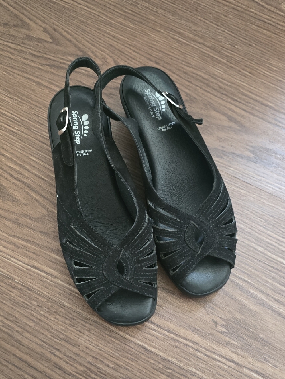 Spring Step Black Suede Slingback Peep-Toe Sandals 40 (9.5) See Chart.